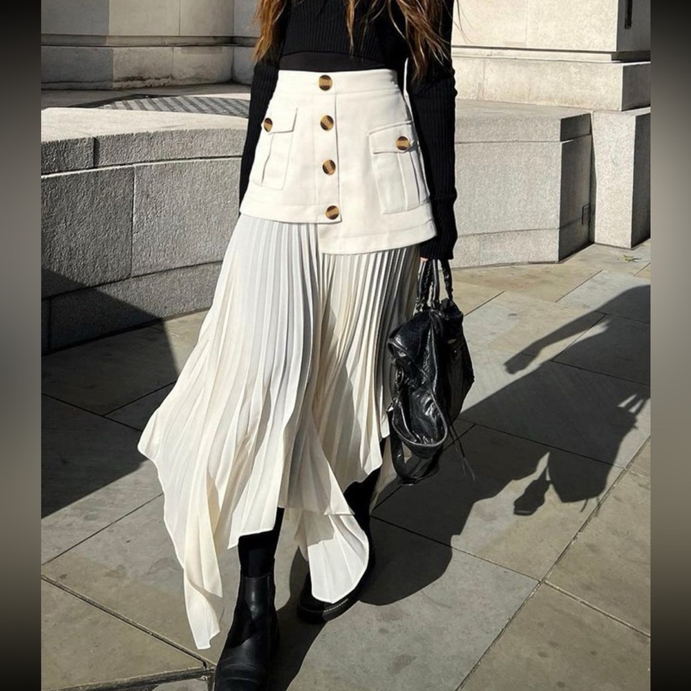 Pleated Button Midi Skirt, Size S
